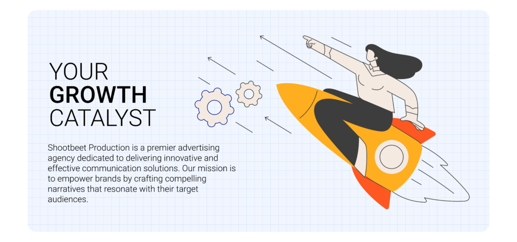Illustration of a woman riding a rocket, symbolizing growth and innovation, with gears and motion lines in the background. Text reads "Your Growth Catalyst," highlighting Shootbeet Production’s mission.